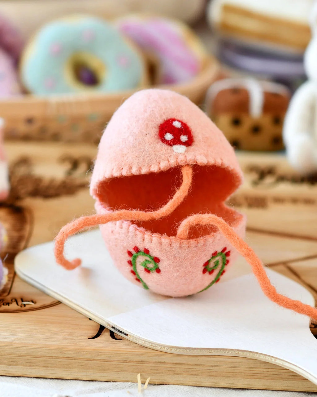 Sale Felt Egg Cover, Peach with Mushroom Motif