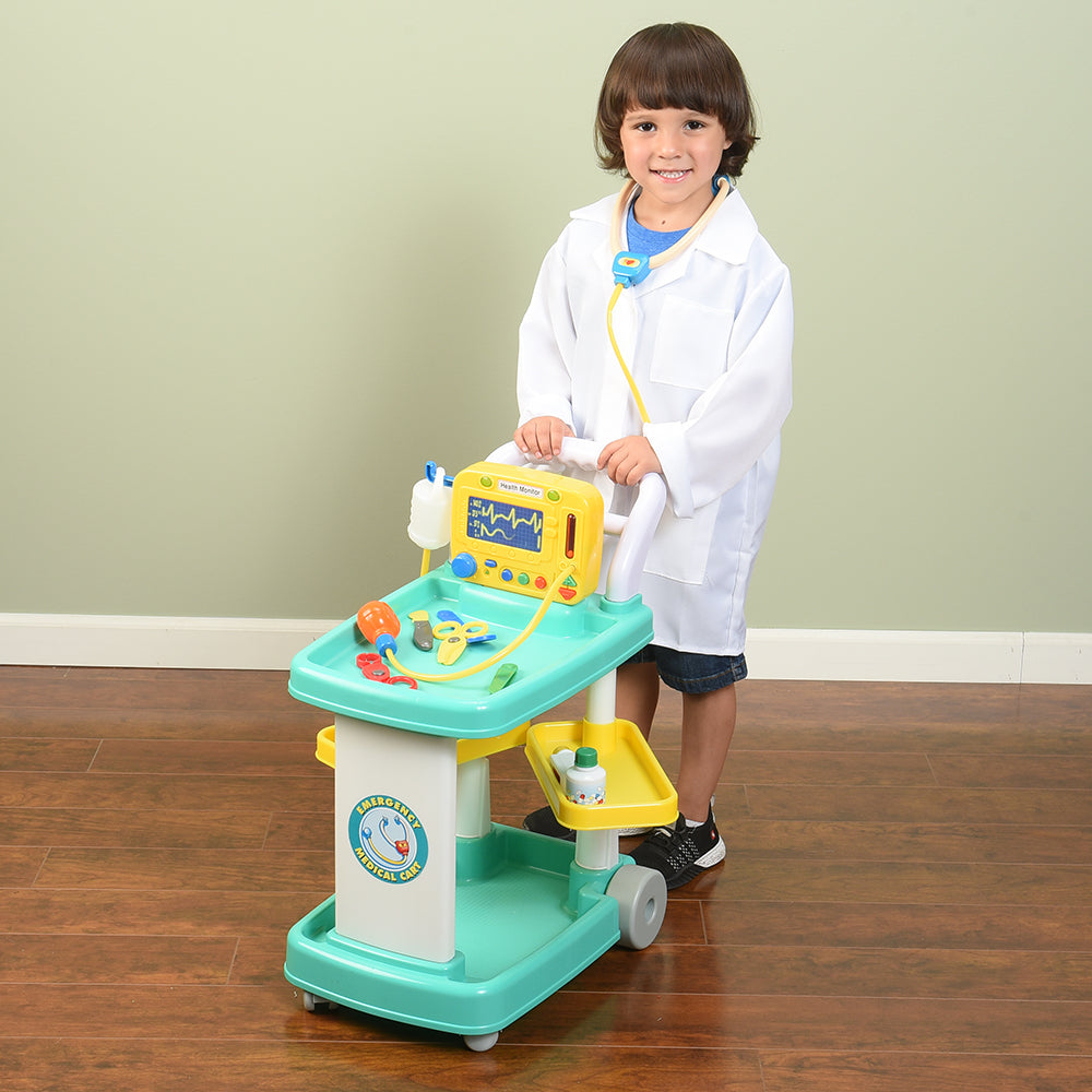 Rolling Medical Cart Play Set with Lab Coat & 12 Accessories